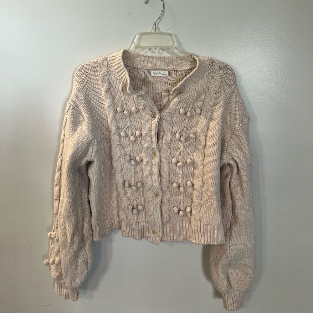 Rylee + Cru Blush Cream Pom-Pom Cable Knit Cardigan